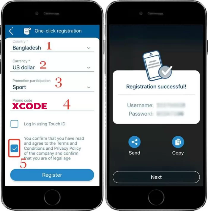 Registration in 1 click 1xBet on ios