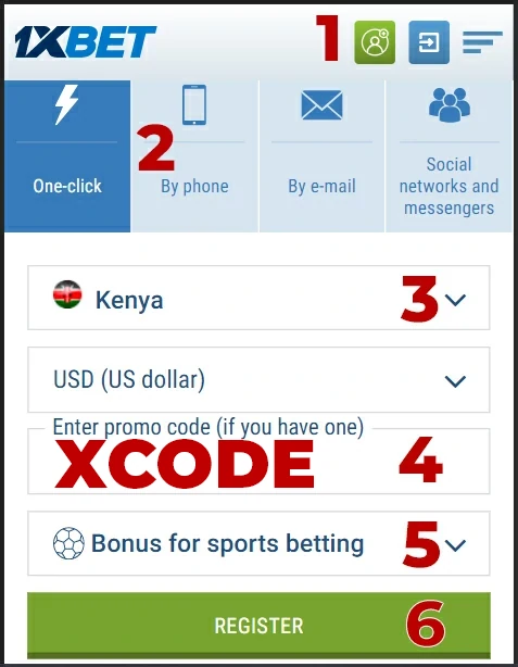 1xbet registration menu for Kenya's How to register 1xbet from Kenya