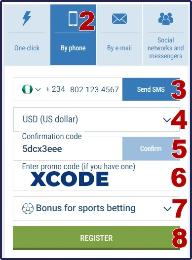 1xbet Registration by Nigerian phone number