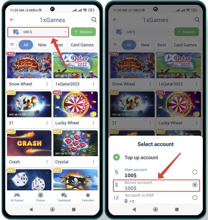 How to use 1xgames bonus account