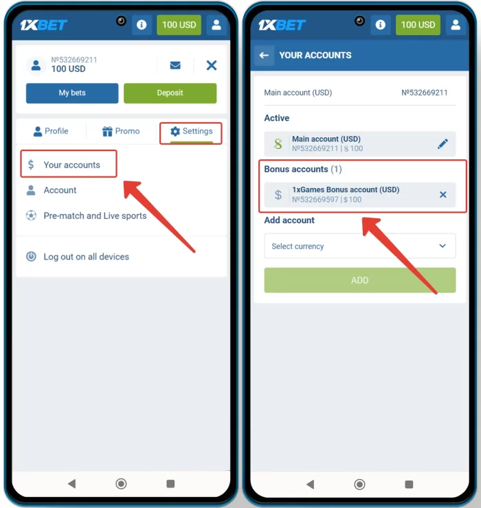 How to use 1xgames bonus account