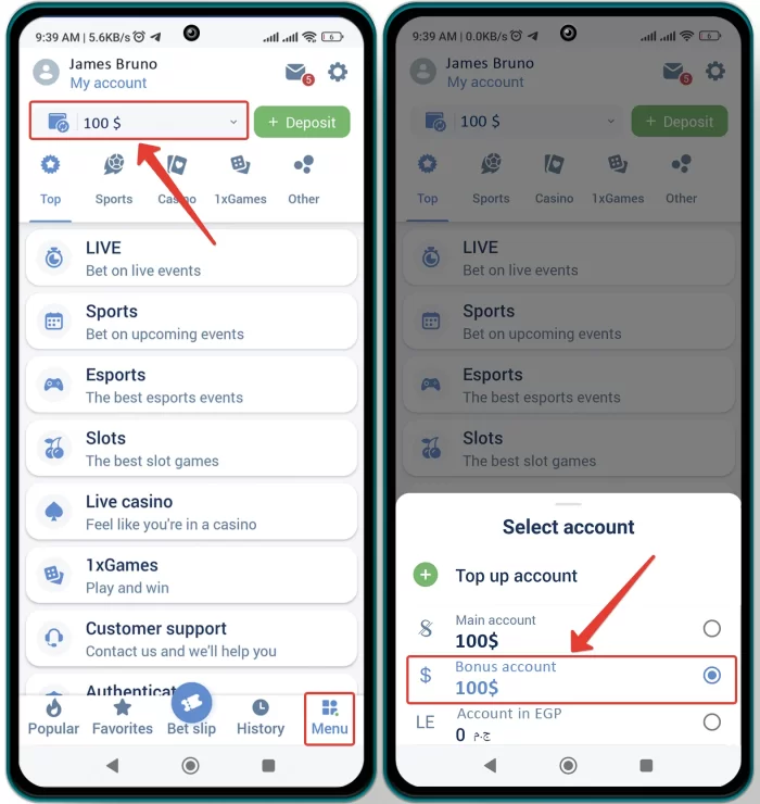 How to switch to bonus account in 1xbet