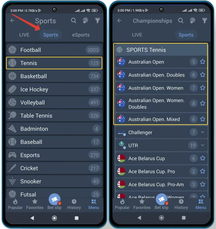 1xbet Tennis events table - How to find match and place a bet
