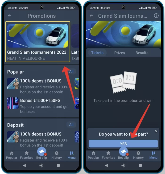 Grand Slam tournaments in 1xbet promotions