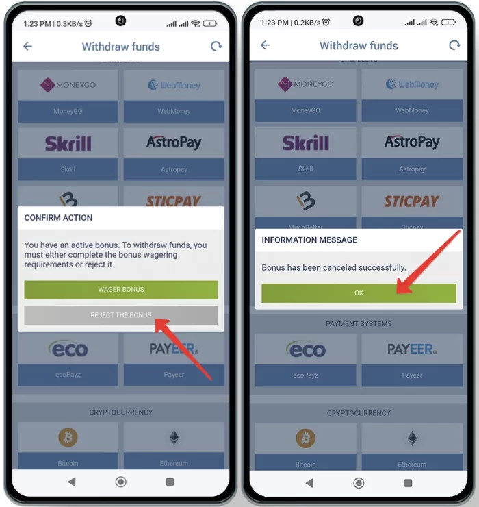 You can't withdraw 1xbet bonus - Wager or reject it