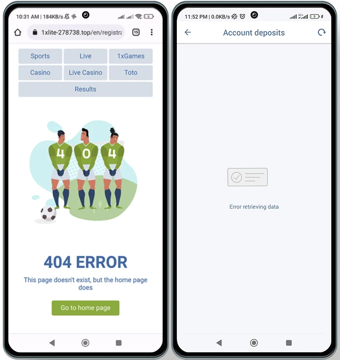 1xbet login problem - 404 error