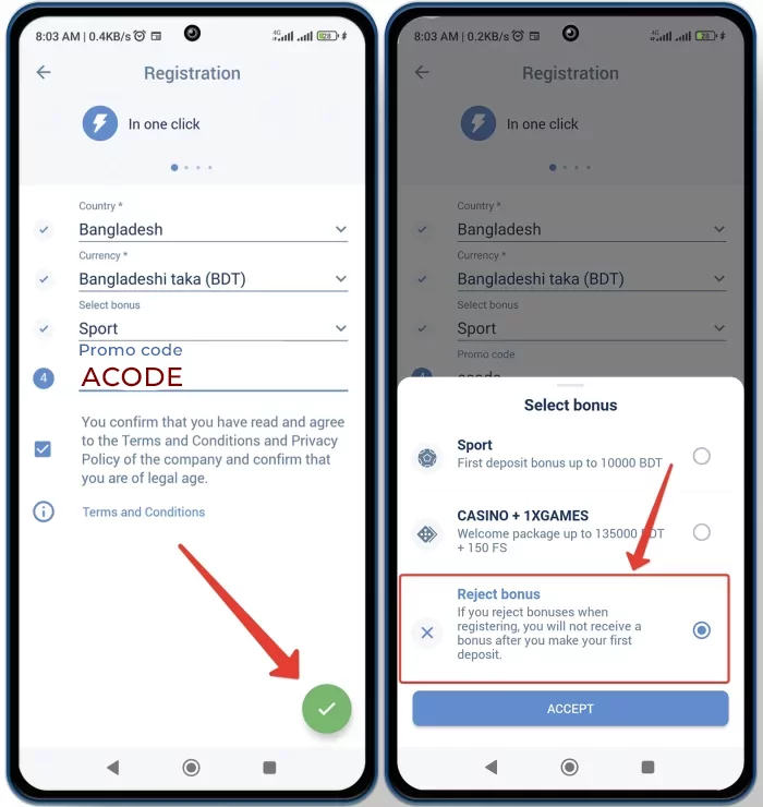 How to reject 1xbet bonus