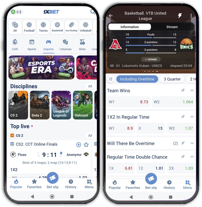 Mobile 1xbet betting app on Android 1xbet betting app interface