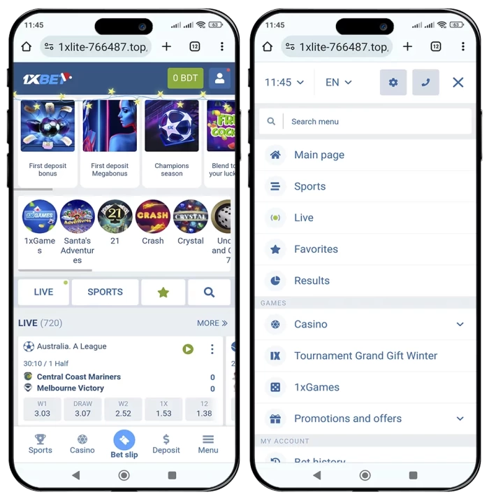 1xbet mobile website version interface