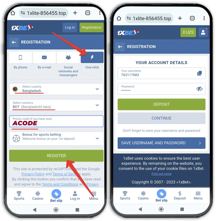 Registering a betting account at 1xbet