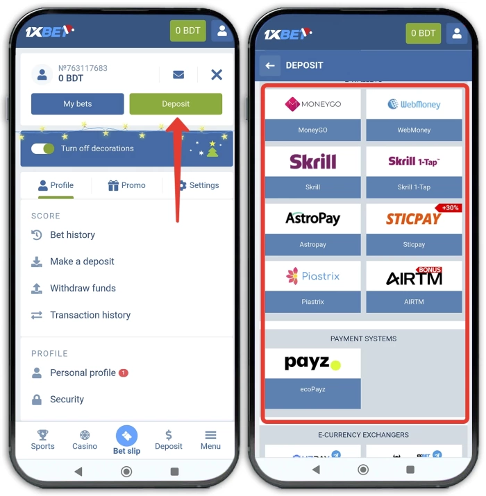 Replenishment of betting account in 1xbet