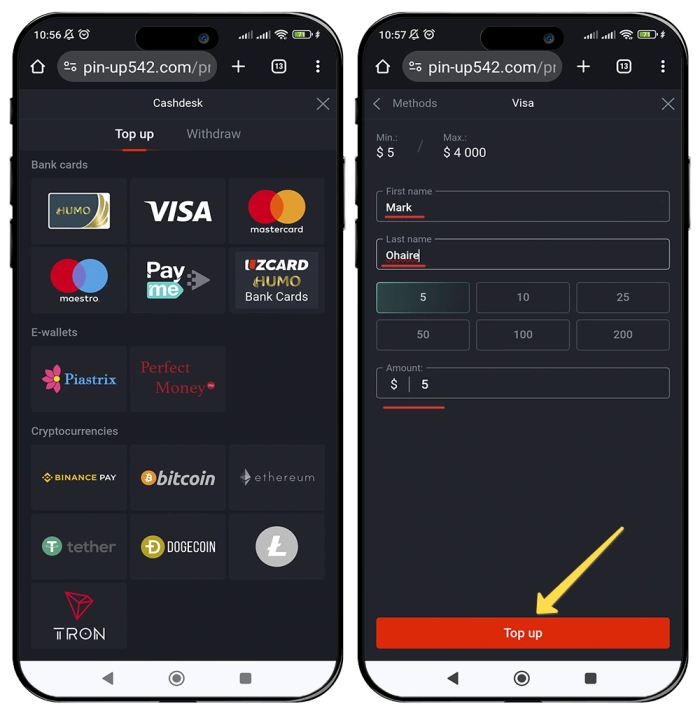 How to load money in Pin up - Deposit / Withdrawal money Deposit money in Pin up - How to top up account