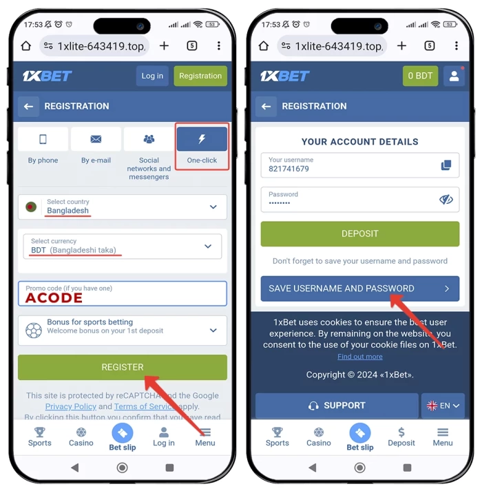 1xbet account registration process for Bangladesh