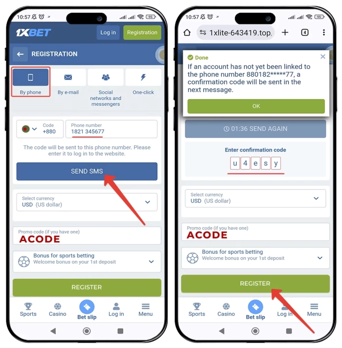 1xbet register by phone number in official site