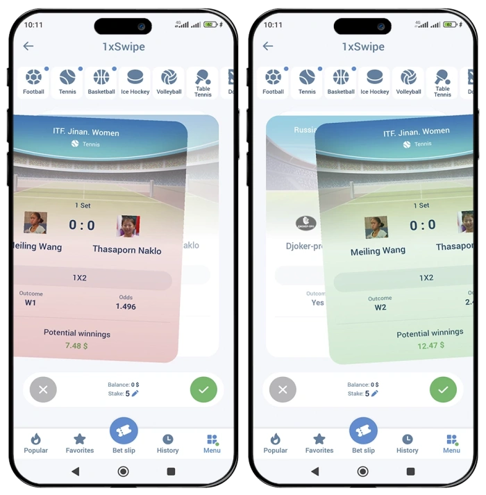 1xSwipe function for betting in the new version of 1xbet apk