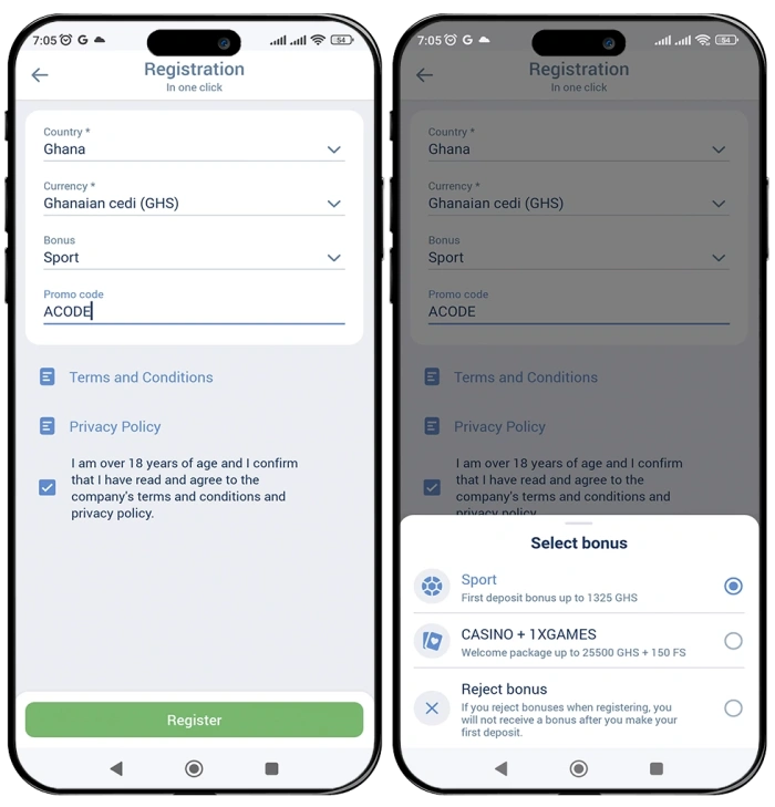 1xbet Ghana registration in the mobile app